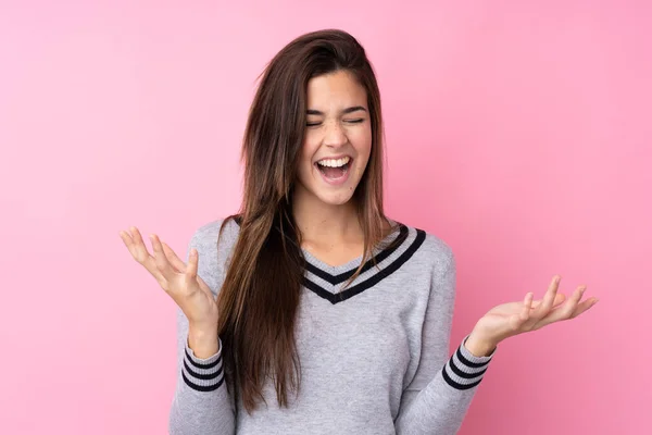 Teenager Girl Isolated Pink Background Unhappy Frustrated Something — Stock Photo, Image