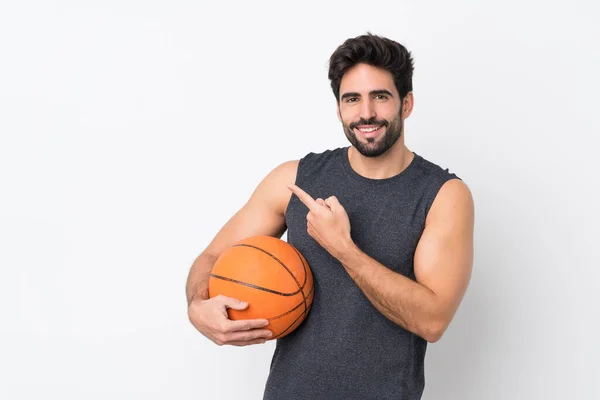 Jugador Baloncesto Hombre Con Barba Sobre Fondo Blanco Aislado Apuntando —  Fotos de Stock