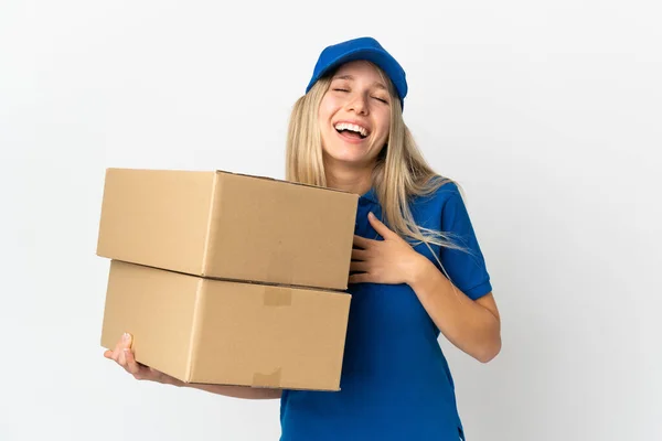 Jovem Mulher Parto Isolado Fundo Branco Sorrindo Muito — Fotografia de Stock