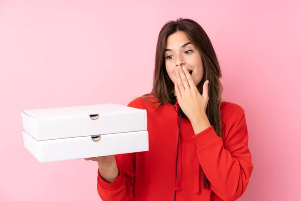 Ragazza Brasiliana Adolescente Che Tiene Scatole Pizza Oltre Isolato Muro — Foto Stock