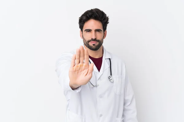 Jovem Homem Bonito Com Barba Sobre Fundo Branco Isolado Vestindo — Fotografia de Stock