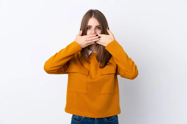 Young Woman Isolated White Background Covering Mouth Hands — Stock Photo, Image