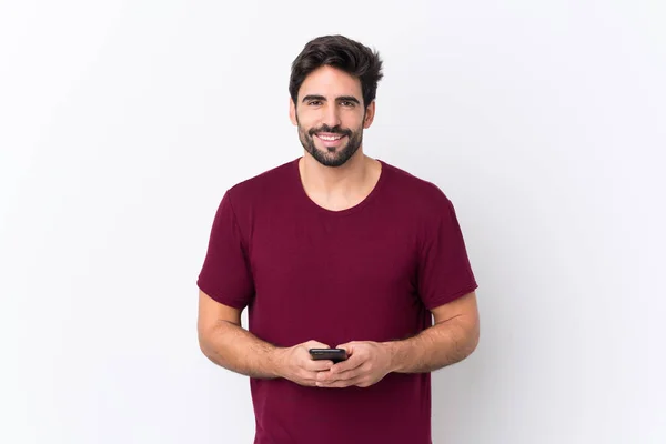 Jovem Homem Bonito Com Barba Sobre Fundo Branco Isolado Enviando — Fotografia de Stock