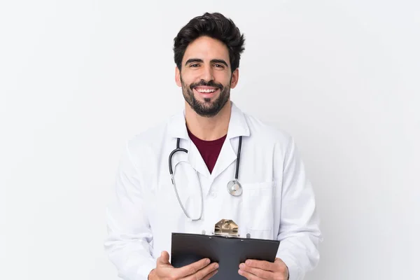 Young Handsome Man Beard Isolated White Background Wearing Doctor Gown — Stock Photo, Image