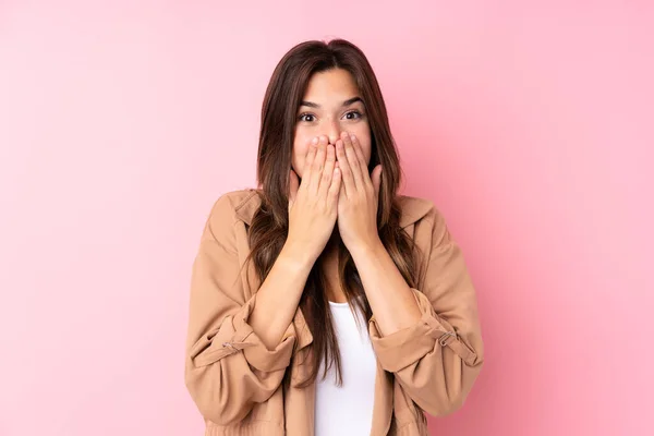 Teenager Brazilian Girl Isolated Pink Background Surprise Facial Expression — Stock Photo, Image