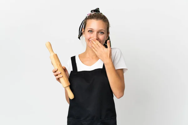 Jeune Femme Tenant Rouleau Pâtisserie Isolé Sur Fond Blanc Heureux — Photo