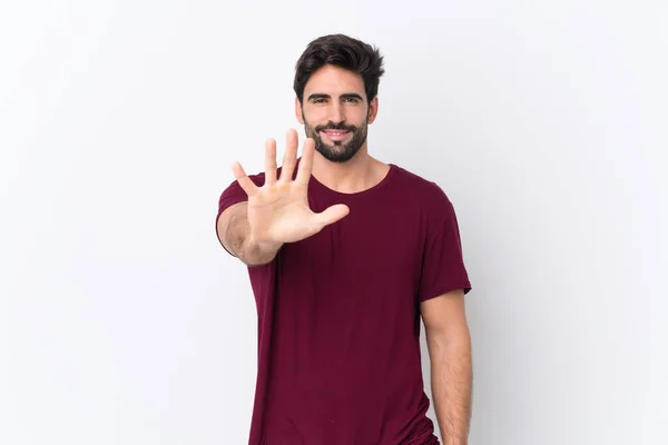 Giovane Bell Uomo Con Barba Sfondo Bianco Isolato Contando Cinque — Foto Stock