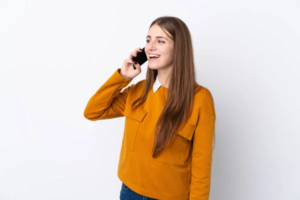 Giovane Donna Sfondo Bianco Isolato Mantenendo Una Conversazione Con Telefono — Foto Stock