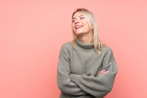 Young Blonde Russian Woman Isolated Pink Background Happy Smiling — Stock Photo, Image