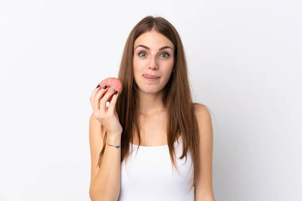 Jeune Femme Sur Fond Blanc Isolé Tenant Beignet — Photo