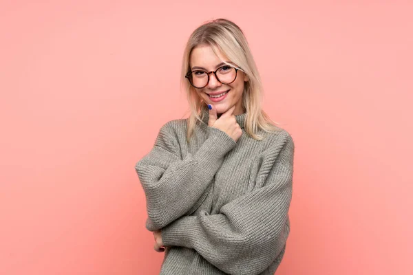 Young Blonde Russian Woman Isolated Pink Background Glasses Smiling — Stock Photo, Image