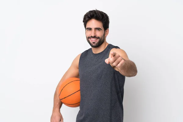 Joven Hombre Guapo Con Barba Sobre Fondo Blanco Aislado Jugando —  Fotos de Stock