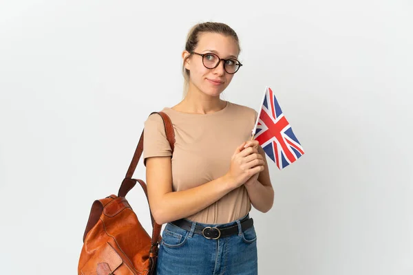 Молодая Блондинка Флагом Соединенного Королевства Белом Фоне Делает Сомнение Жест — стоковое фото