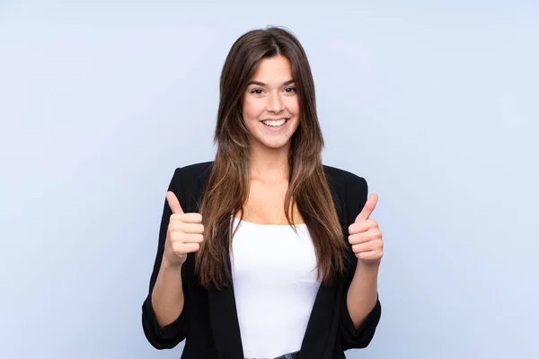 Young Brazilian Business Woman Isolated Blue Background Giving Thumbs Gesture — Stock Photo, Image