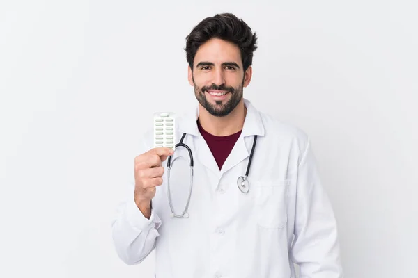 Joven Hombre Guapo Con Barba Sobre Fondo Blanco Aislado Con —  Fotos de Stock