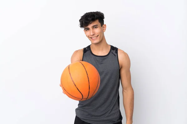 Joven Argentino Sobre Fondo Blanco Aislado Jugando Baloncesto —  Fotos de Stock