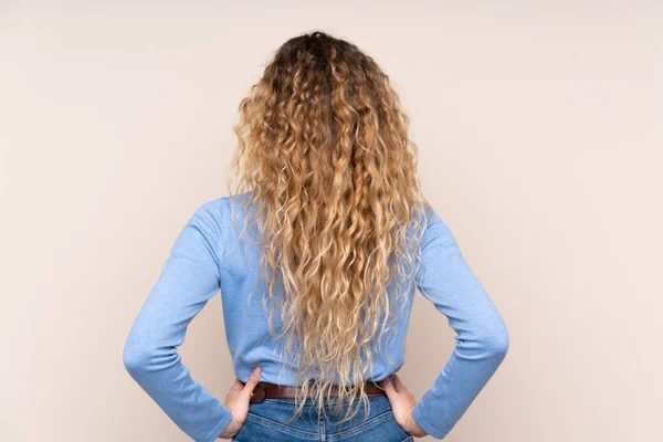 Young Blonde Woman Curly Hair Wearing Turtleneck Sweater Isolated Beige — Stock Photo, Image