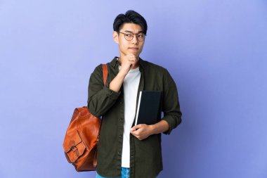 Mor arka planda izole edilmiş genç bir kadın şüpheleri ve düşünceleri var.