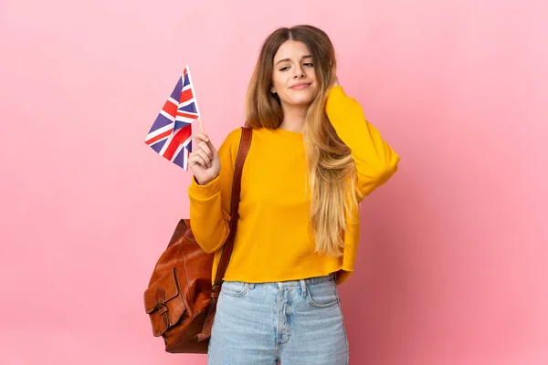 Молодая Блондинка Флагом Великобритании Белом Фоне Сомнениями — стоковое фото
