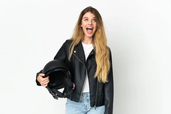 Mujer Sosteniendo Casco Moto Aislado Sobre Fondo Blanco Mirando Hacia —  Fotos de Stock