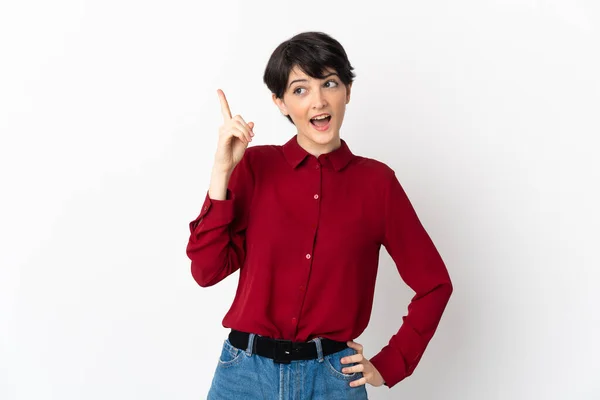 Woman Short Hair Isolated White Background Intending Realizes Solution While — Stock Photo, Image