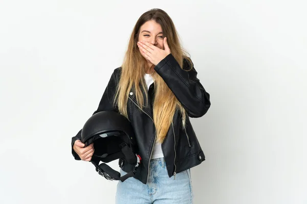 Mujer Sosteniendo Casco Moto Aislado Sobre Fondo Blanco Feliz Sonriente —  Fotos de Stock