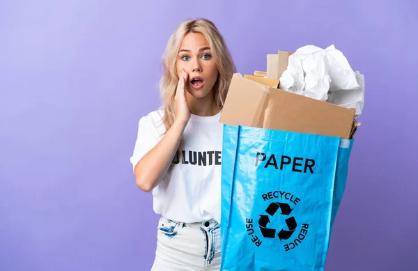 Young Russian Woman Holding Recycling Bag Full Paper Recycle Isolated — Stock Photo, Image