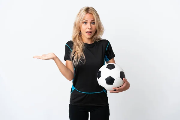 Joven Mujer Rusa Jugando Fútbol Aislado Sobre Fondo Blanco Con —  Fotos de Stock