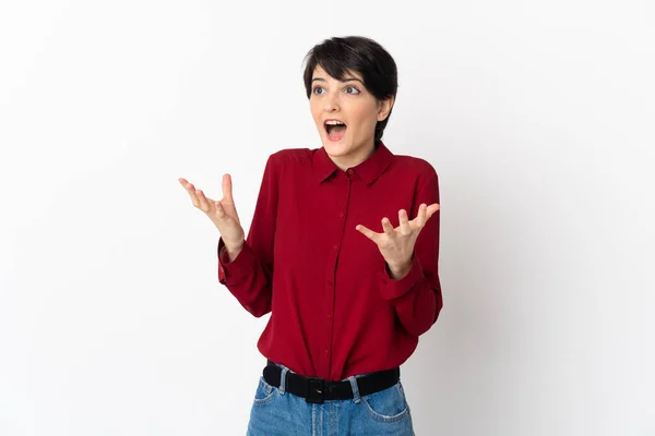 Woman Short Hair Isolated White Background Surprise Facial Expression — Stock Photo, Image