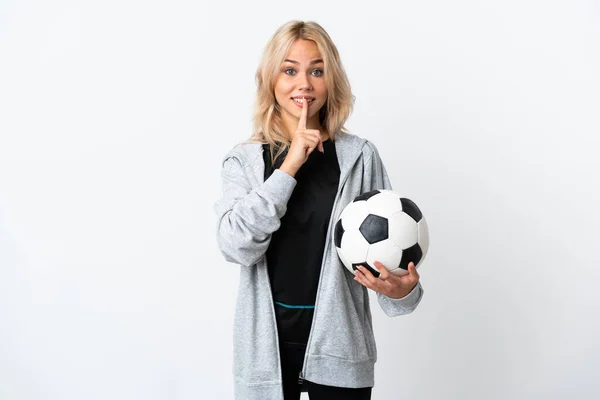 Young Russian Woman Playing Football Isolated White Background Showing Sign — Stock Photo, Image