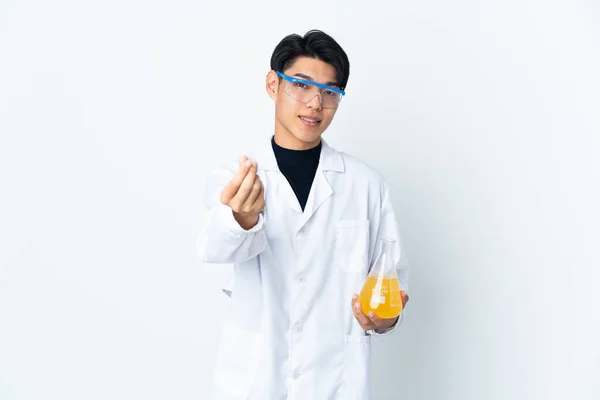 Young Chinese Scientific Man Isolated White Background Making Money Gesture — Stock Photo, Image