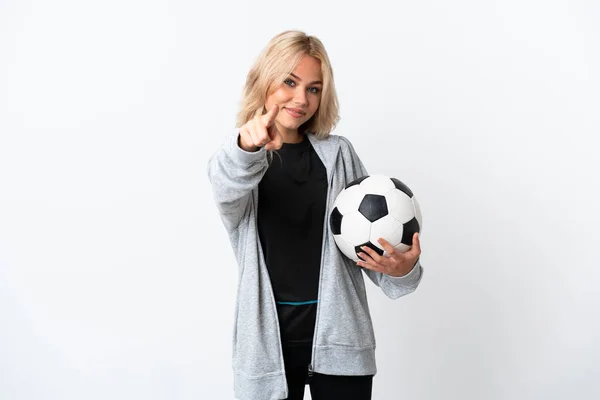 Jovem Mulher Russa Jogando Futebol Isolado Fundo Branco Apontando Frente — Fotografia de Stock
