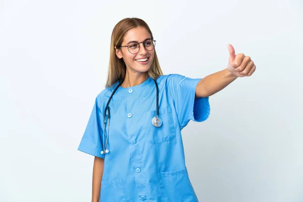 Surgeon Doctor Woman Isolated White Background Giving Thumbs Gesture — Stock Photo, Image