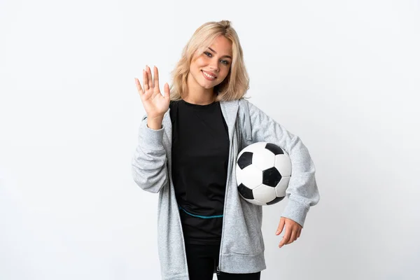 Young Russian Woman Playing Football Isolated White Background Saluting Hand — Stock Photo, Image