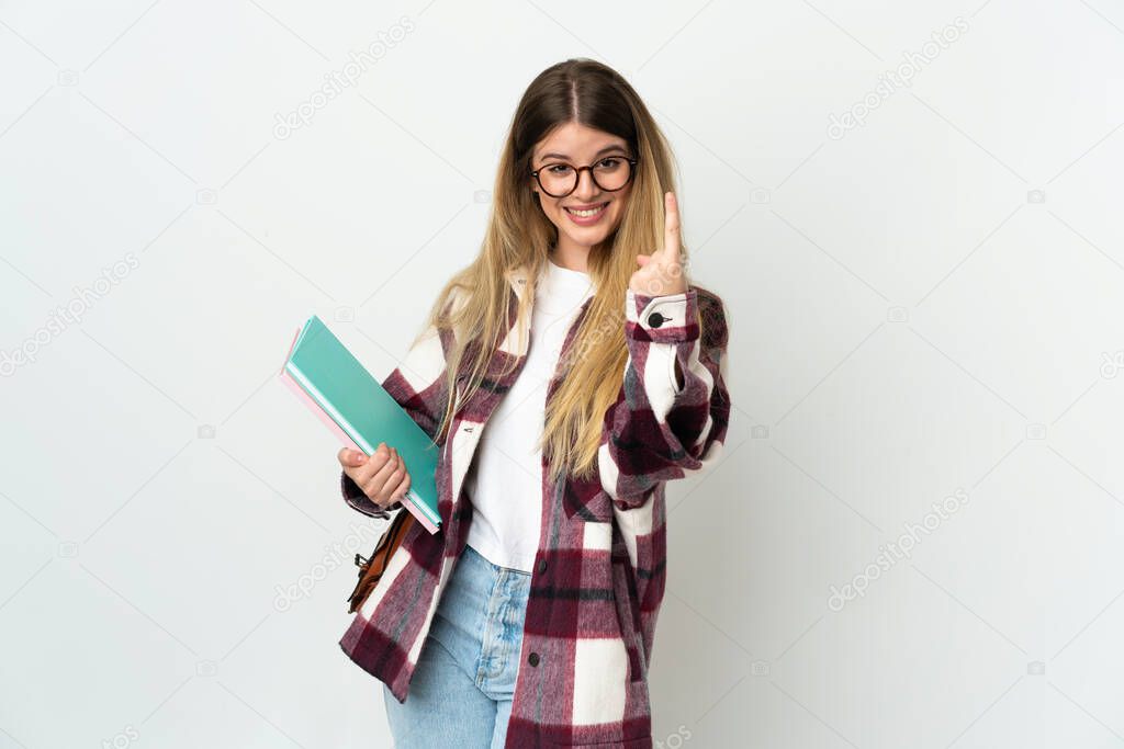 Young blonde student woman isolated on white background doing coming gesture