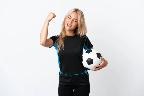 Young Russian Woman Playing Football Isolated White Background Celebrating Victory — Stock Photo, Image