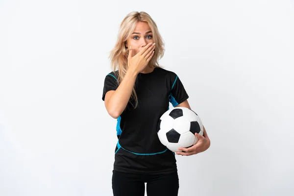 Joven Mujer Rusa Jugando Fútbol Aislado Sobre Fondo Blanco Cubriendo —  Fotos de Stock
