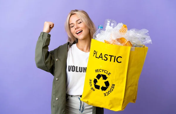 Young Russian Woman Holding Recycling Bag Full Paper Recycle Isolated — Stock Photo, Image