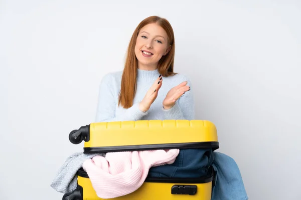 Traveler Woman Suitcase Full Clothes Applauding — Stock Photo, Image