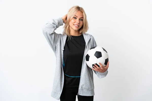 Jovem Mulher Russa Jogando Futebol Isolado Fundo Branco Rindo — Fotografia de Stock