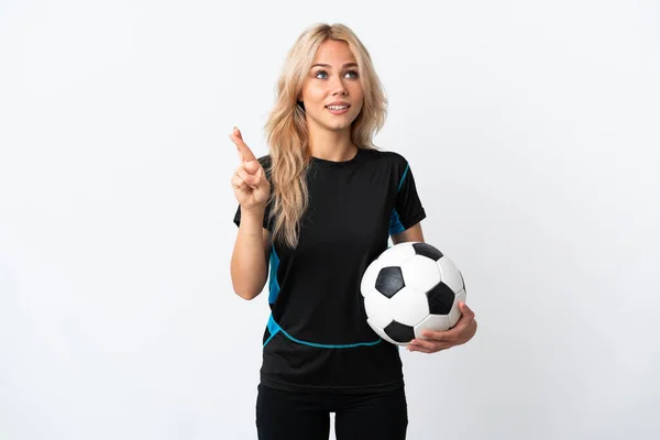 Młoda Rosjanka Gra Piłkę Nożną Odizolowana Białym Tle Kciukami Życzeniami — Zdjęcie stockowe