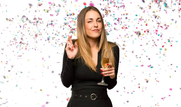 Woman Champagne Celebrating New Year Fingers Crossing Wishing Best Confetti — Stock Photo, Image
