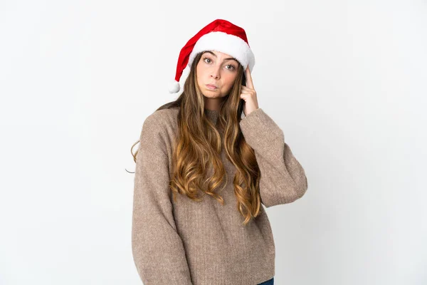 Fille Avec Chapeau Noël Tenant Cadeau Isolé Sur Fond Blanc — Photo