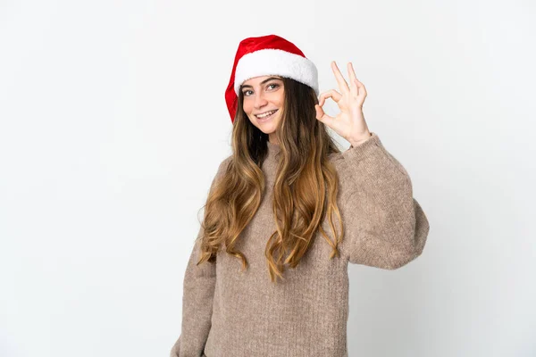 Fille Avec Chapeau Noël Tenant Cadeau Isolé Sur Fond Blanc — Photo