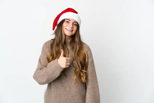 Fille Avec Chapeau Noël Tenant Cadeau Isolé Sur Fond Blanc — Photo