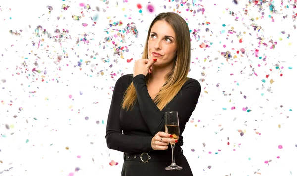 Woman Champagne Celebrating New Year Thinking Idea Confetti — Stock Photo, Image