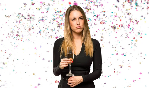 Woman Champagne Celebrating New Year Sad Depressed Expression Serious Gesture — Stock Photo, Image
