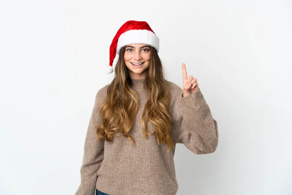 Meisje Met Kerst Hoed Met Een Cadeau Geïsoleerd Witte Achtergrond — Stockfoto