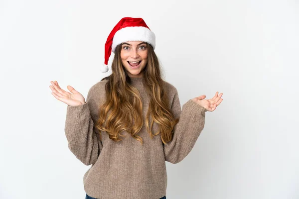 Menina Com Chapéu Natal Segurando Presente Isolado Fundo Branco Contando — Fotografia de Stock