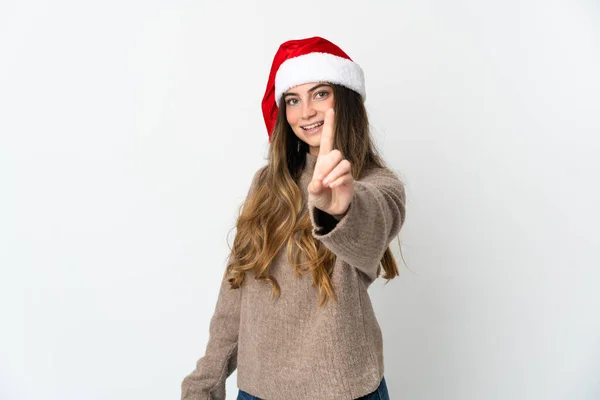 Chica Con Sombrero Navidad Sosteniendo Regalo Aislado Sobre Fondo Blanco —  Fotos de Stock